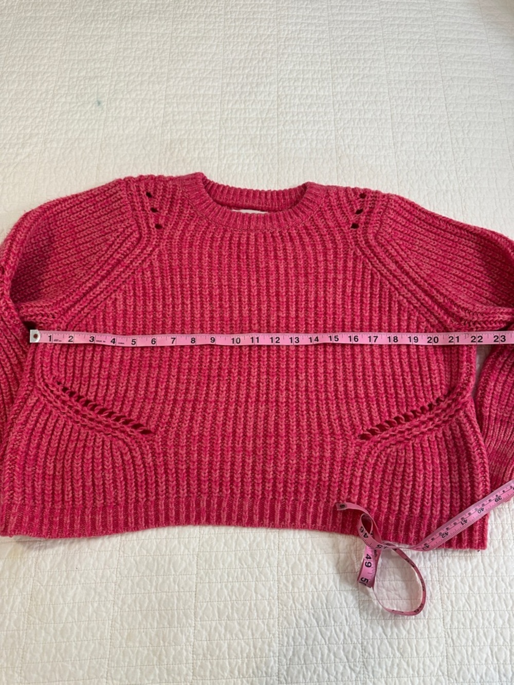 LOFT Petite Medium Pink Chunky Knit Sweater Eyelet Wool Ribbed Cozy Pullover - Picture 3 of 6